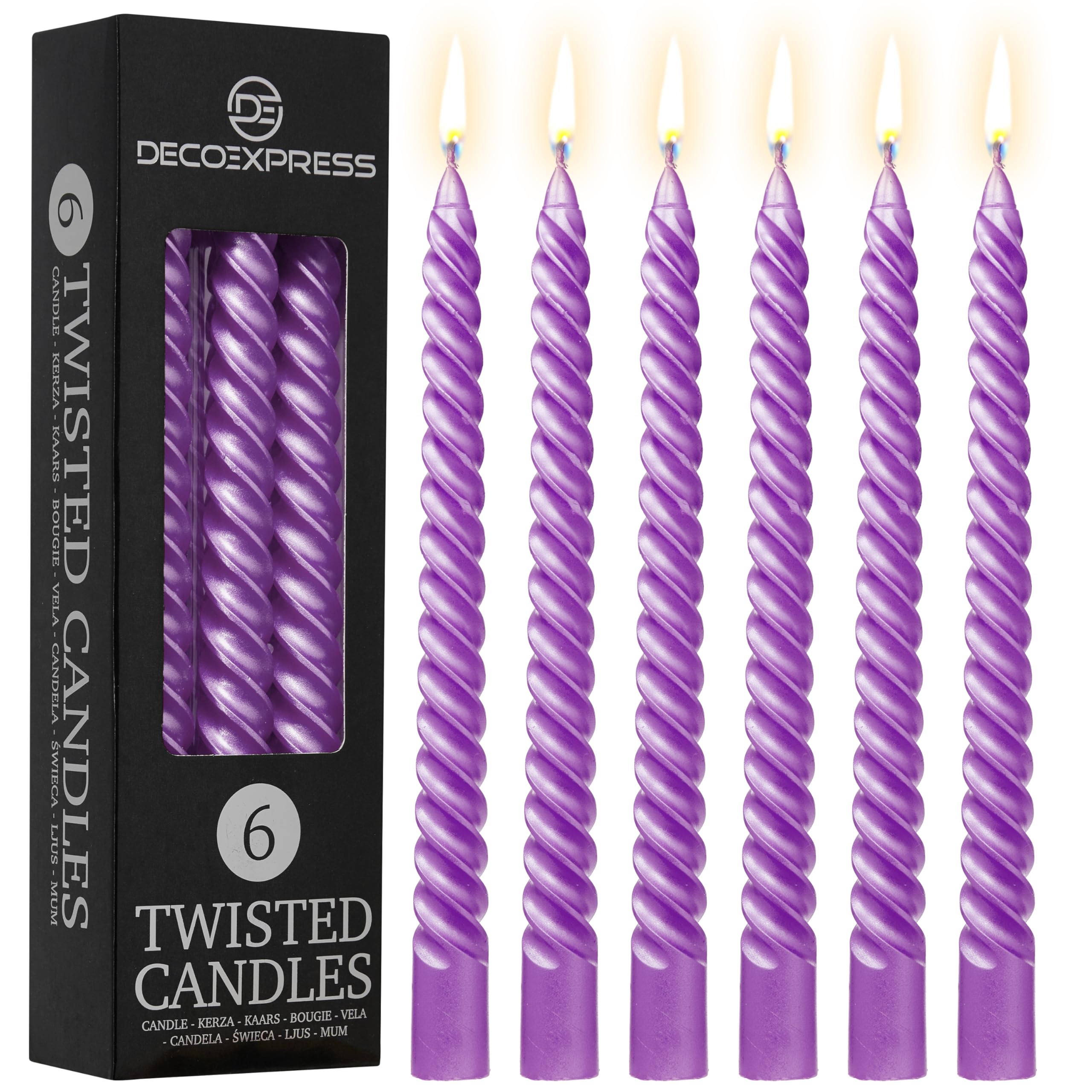 DECO EXPRESS Candles, Pack of 6 Dinner Candles, Non Drip Twisted & Non Scented, Long 6 Hours Burning Time, Cosy Home Decor, Valentine’s Day & Mother’s Day Gifts (Metallic Purple, Pack of 6)