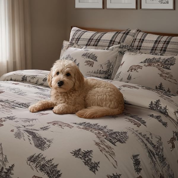 LEVTEX HOME – LODGE TOILE COMFORTER SET – KING COMFORTER (106 X 94IN.) TWO KING PILLOW CASES (36 X 20IN.) – TOILE – BROWN IVORY CHARCOAL – COTTON