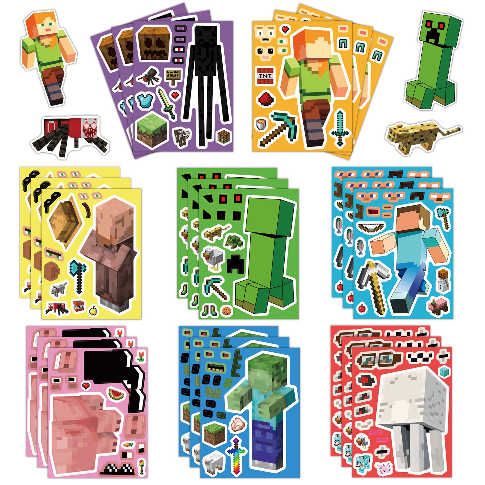 Photo 1 of 24 Sheets Cartoon Stickers, Mixed & Matched with 8 Designed Characters(3 of Each) Stickers, Cute Pixel Party Favors