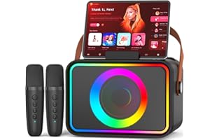 Karaoke Machine, Portable Bluetooth Speaker with 2 Wireless Microphone for Adults & Kids with LED Lights Power Amplifiers, Ka