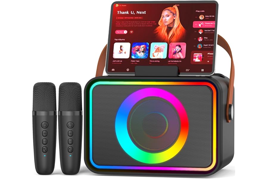 Karaoke Machine,Portable Bluetooth Speaker with 2 Wireless Microphone for Adults & Kids with LED Lights, Karaoke Microphone with PA System Supports USB/TF/AUX,Gift for Party (Black)