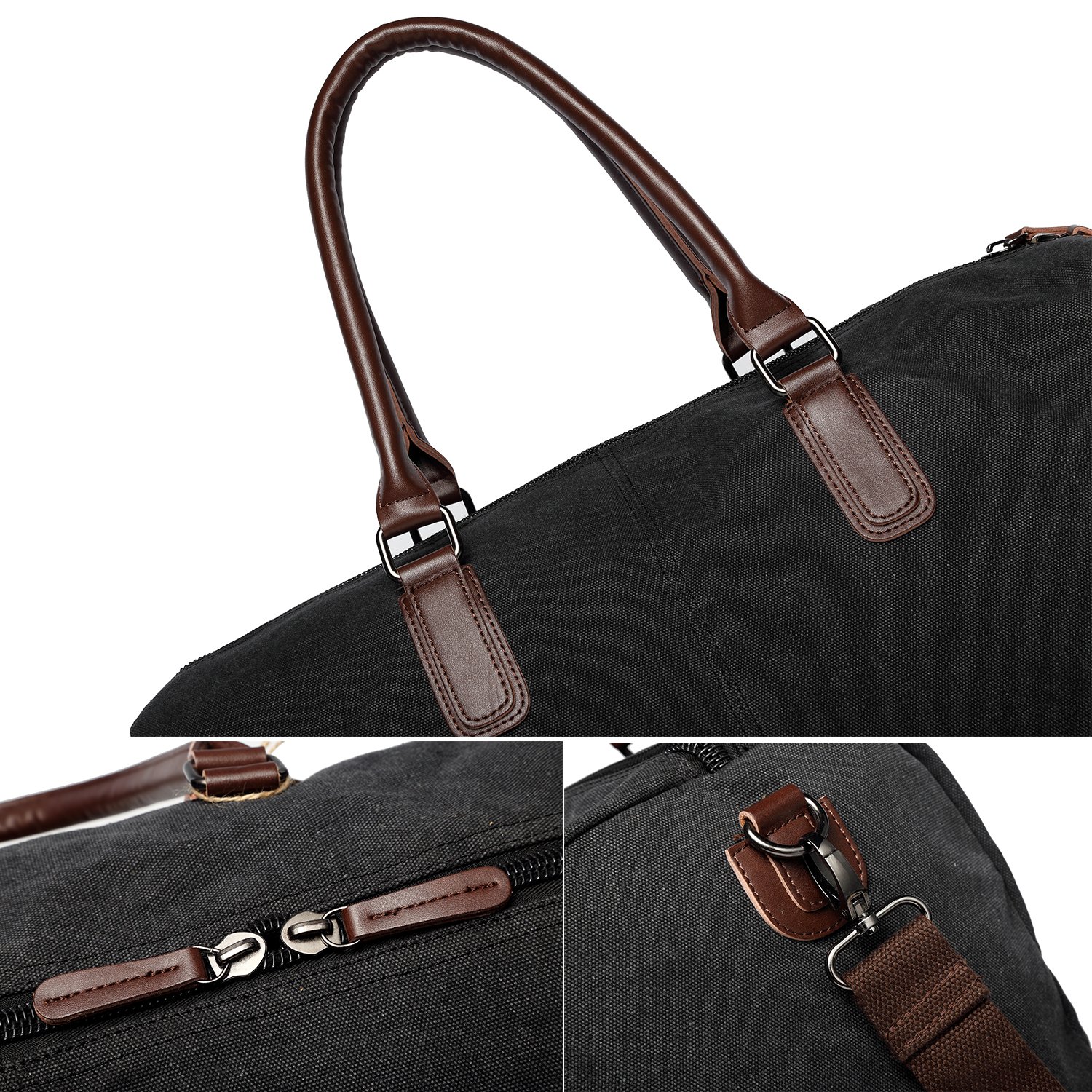 Fresion Canvas Leather Carry on Bag Weekender Overnight Holdall Tote Bag with Metal Buckle for Men with Shoe Pouch(Black)