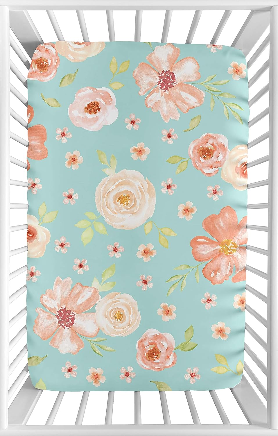 Sweet Jojo Designs Turquoise and Peach Baby Girl Fitted Mini Portable Crib Sheet for Watercolor Floral Collection - Pink Rose Flower - for Mini Crib or Pack and Play ONLY