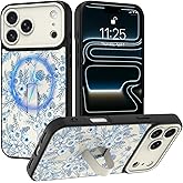 PIGLULOO Case for iPhone 17 Pro Max with Finger Strap Kickstand, Compatible with Magsafe, Cute Blue Flower Pattern for Women Girls, Aesthetic Floral Design Full Camera Protection Shockproof, White