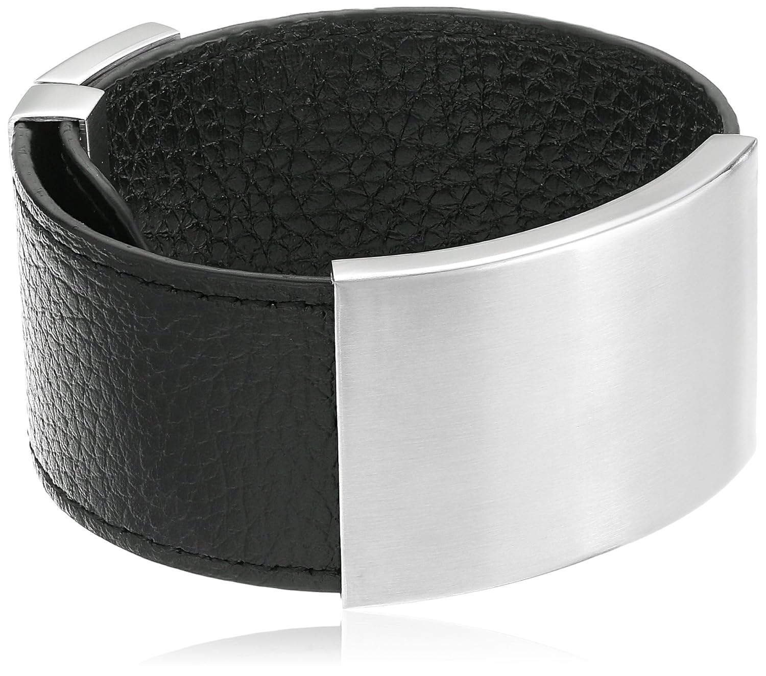 Adjustable Black Leather Identification Bracelet Cuff
