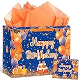 Blue Orange Birthday Party Supplies Blue Orange Birthday Gift Bag with Wrapping Paper and Card Large Christmas Birthday Party Wrapping Paper Bag with Handle for Birthday Graduation Party Decorations