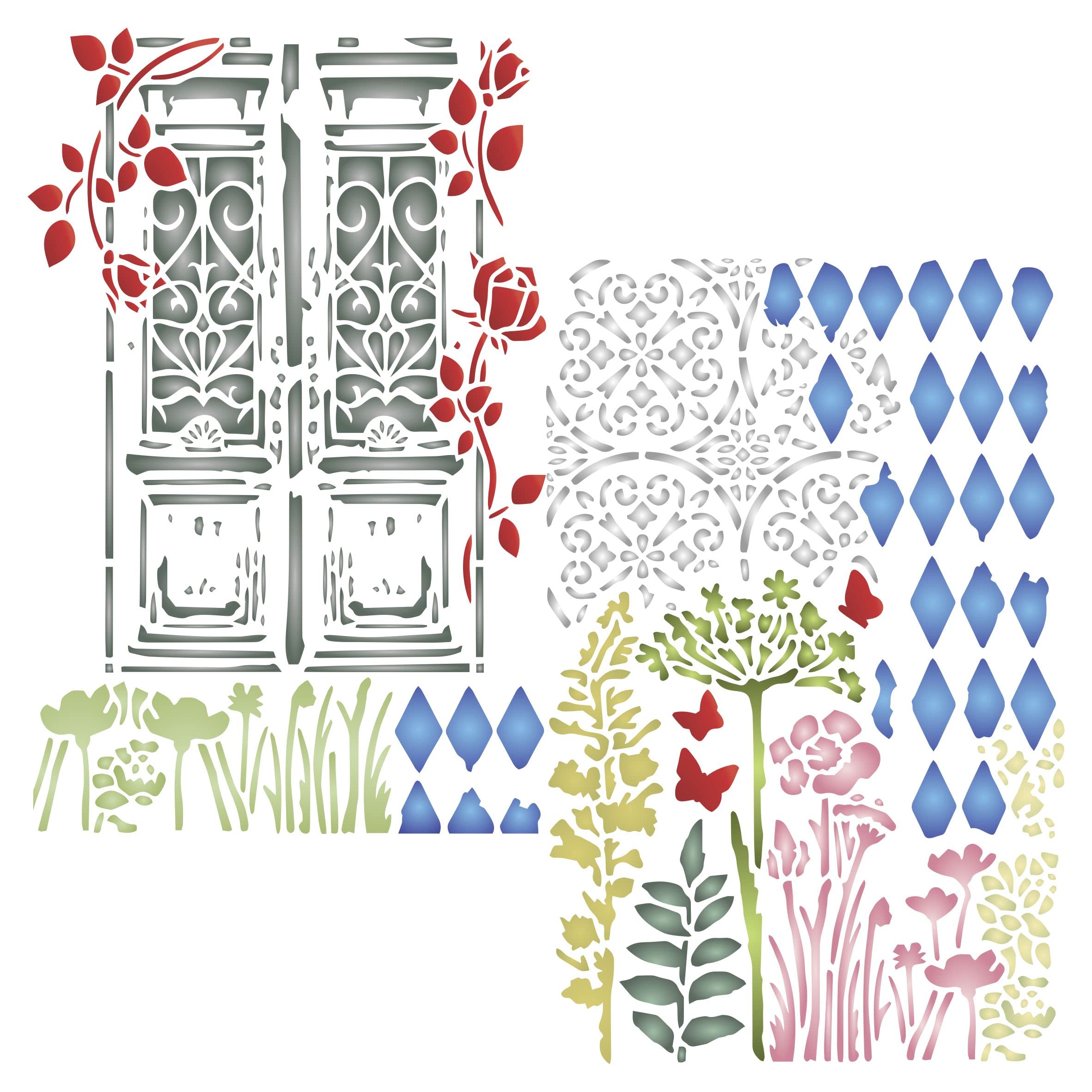2X French Doors Stencil, 2pc / 11.5 x 17.7 cm (S) - Use Layering Shapes Flowers Roses Tile to add Texture and Design to Mixed Media Backgrounds Stencils for Painting Template