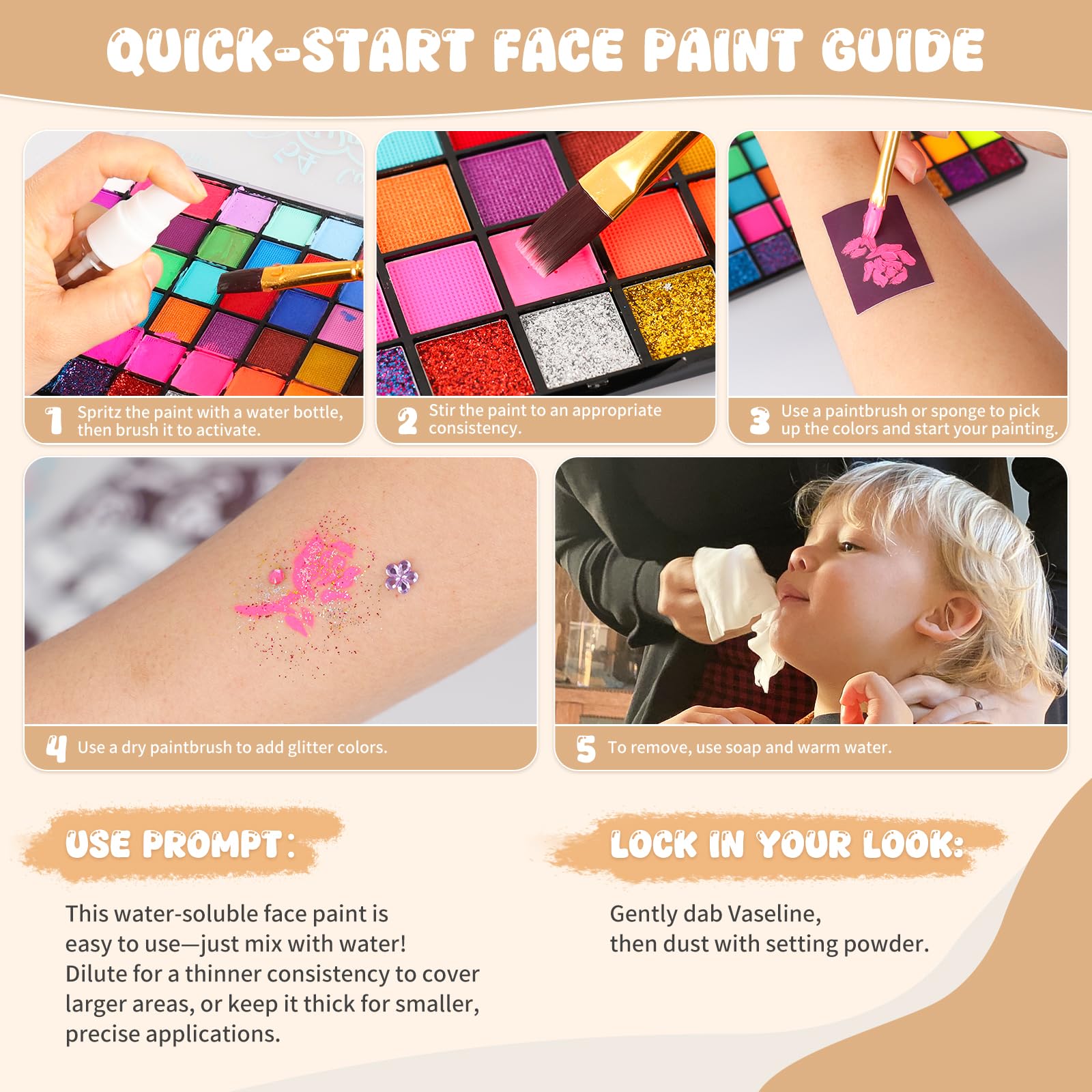 Pintada 54 Color Face Painting Kit for Kids - Non Toxic Water Activated Face Paint Palette with Stencils, Brushes, Gems & Book. For Halloween, Carnival, Party; Costume Makeup for Creative Activities