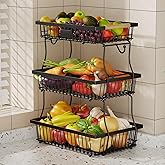 Astrorhine 3 Tier Fruit Basket for Kitchen Counter with 2 Banana Hangers, Countertop Metal Fruit Bowl with Wooden Handle, Large Storage Stand for Vegetables, Snacks, Breads, Produce Storage – Black