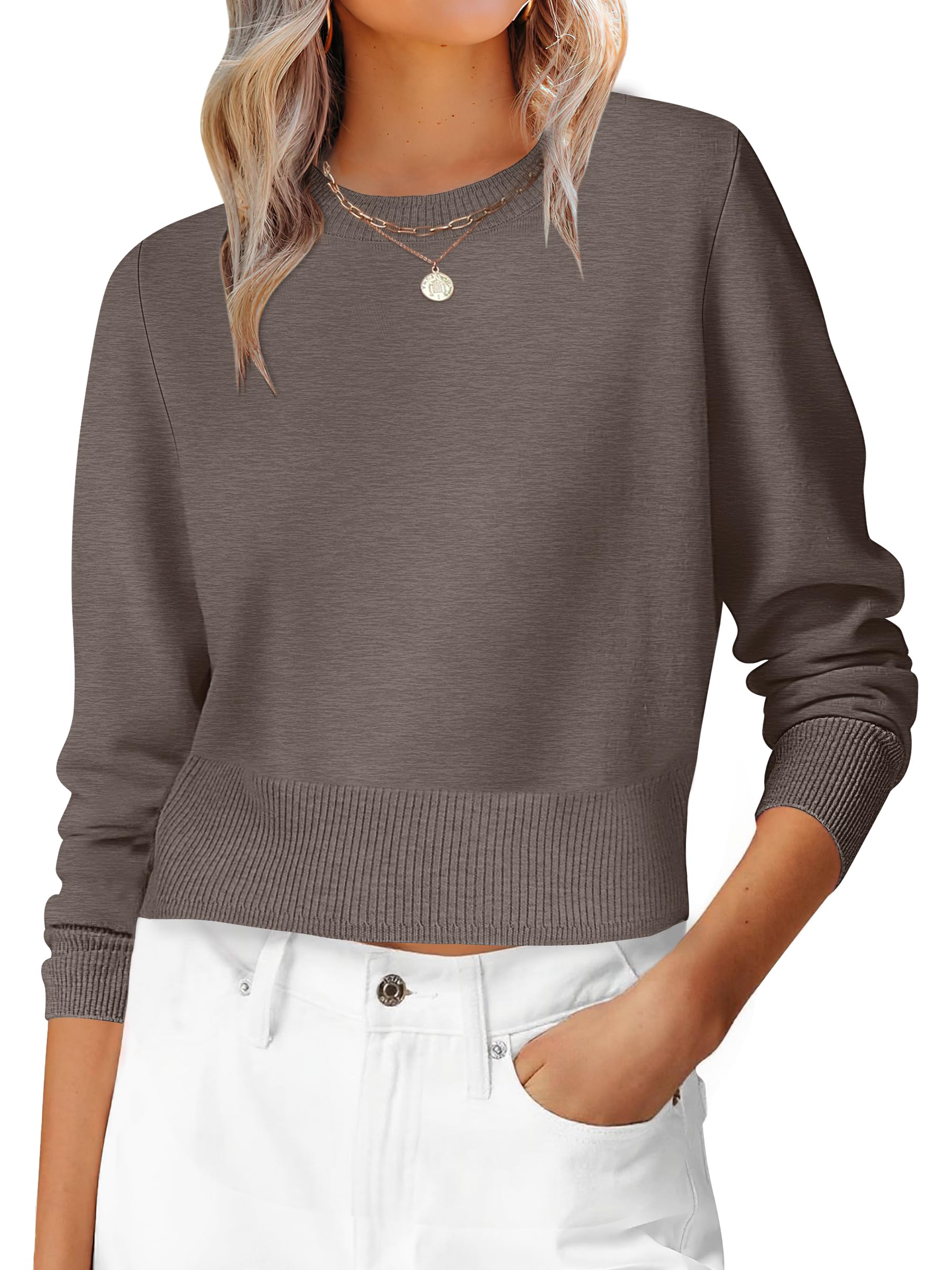 Photo 1 of ANRABESS Women’s Long Sleeve Sweaters Cropped Crew Neck Business Casual Light Weight Sweater Tops Fall Fashion Clothes 2025 Coffee M