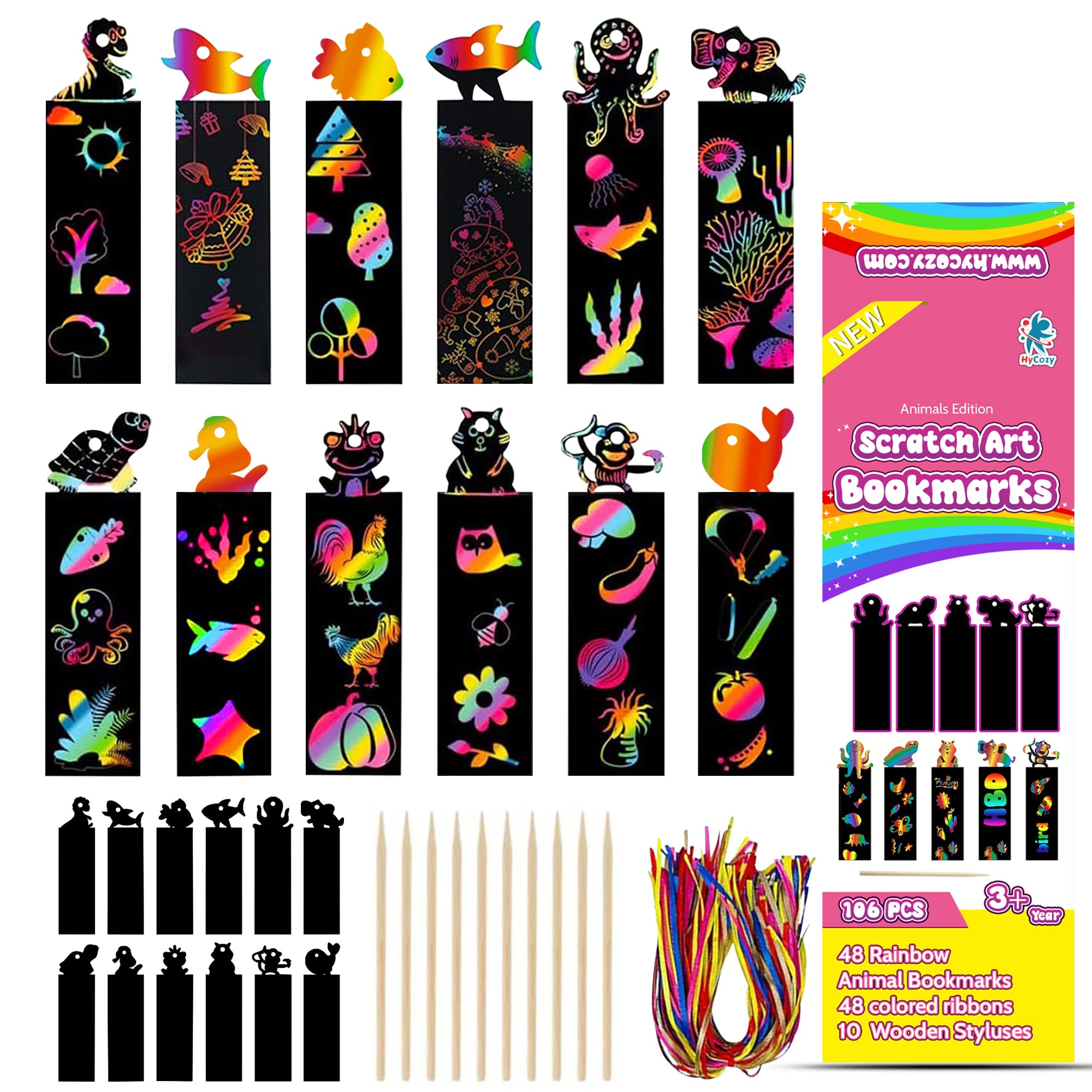 Rainbow Scratch Art for Kids - 48 Pcs Creative Bookmarks With 10 Wooden Stylus and 48 Coloured Ribbons - Sea Animal DIY Party Bag Fillers for Boys Girls - Fun Birthday Gifts