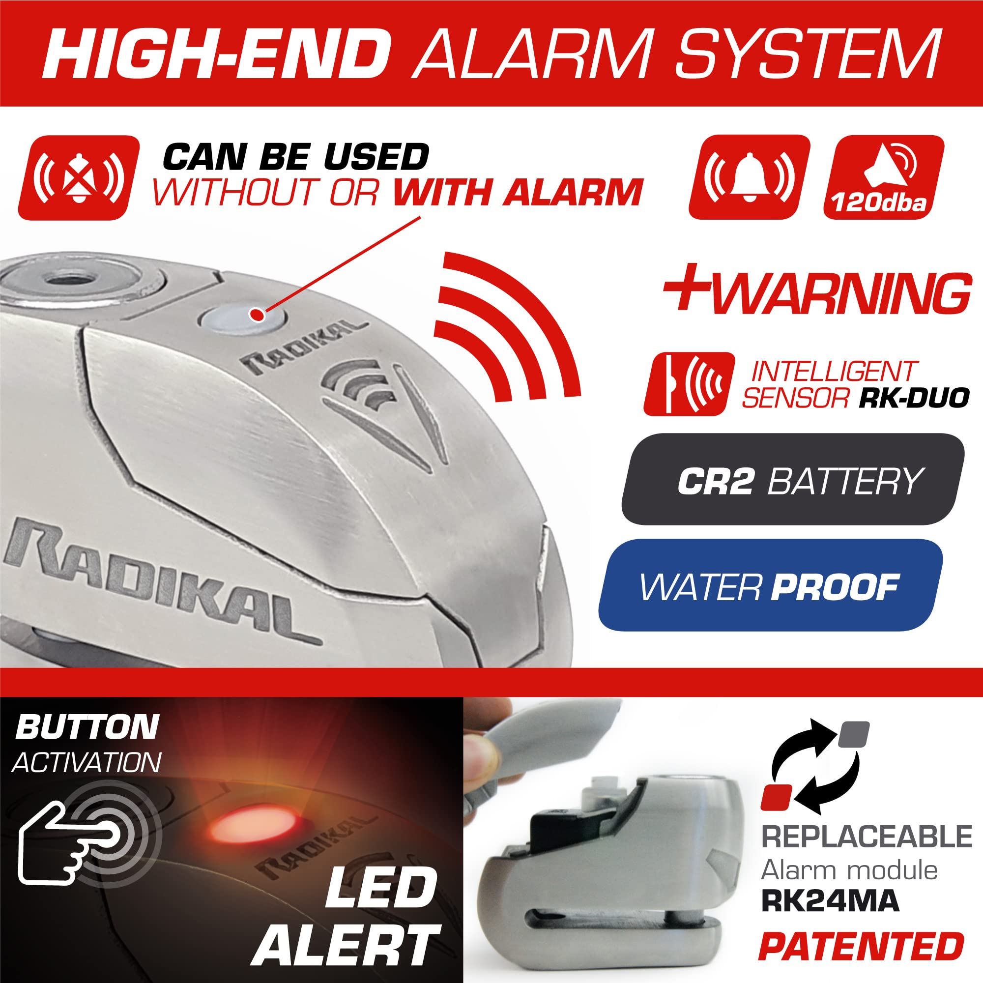 RADIKAL RK14S+RK402 Approved Alarm Disc Lock Motorcycle with Transport Bracket, Hardened Stainless Steel Double Locking, High-End Alarm System with Warning Optional Activation, LED Alert 14mm/0.55in