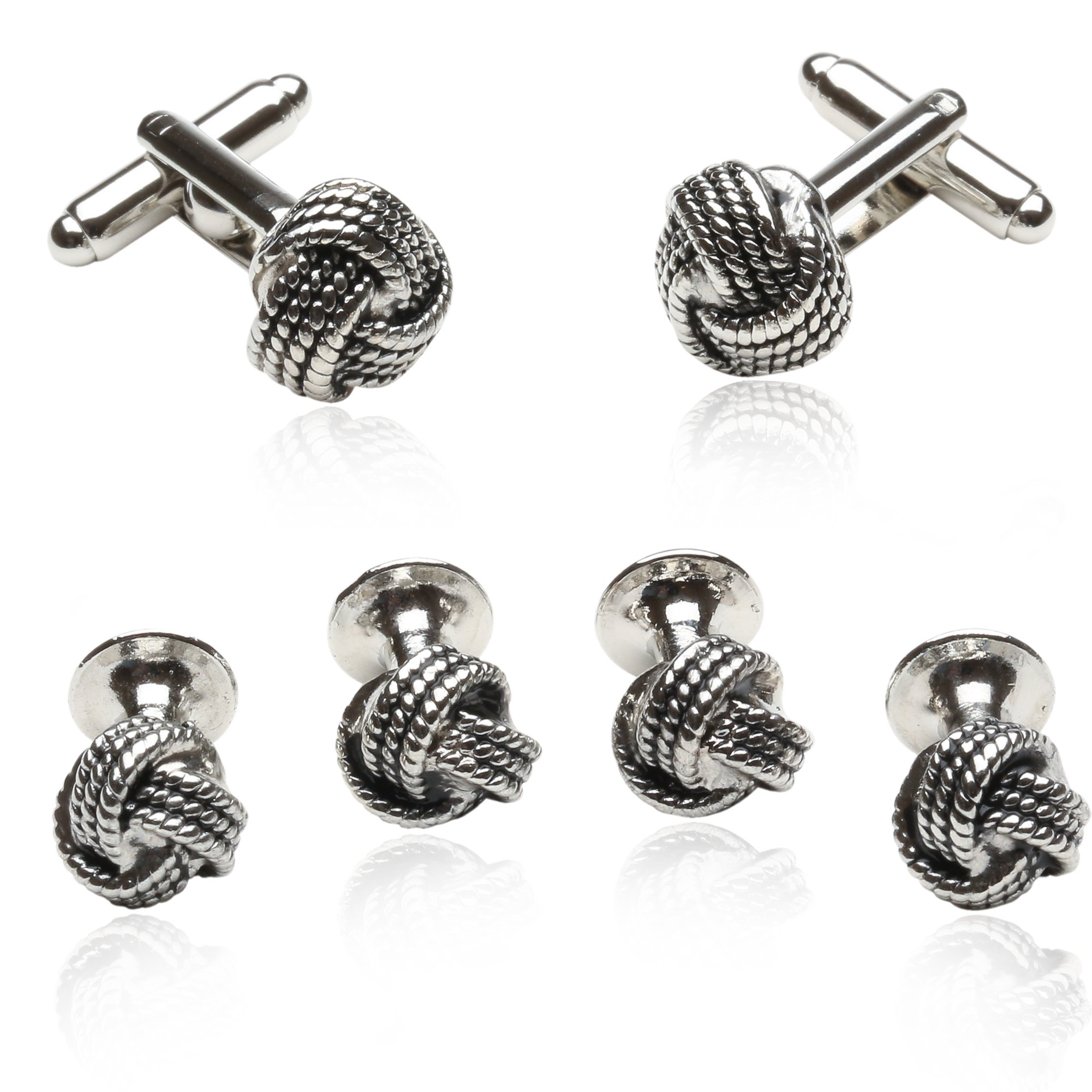 Cuff-DaddyClassic Woven Silver Knot Tuxedo Cufflink and Stud Set Formal Set with Presentation Box Groom Groomsmen Wedding