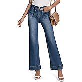 Tapata Women's 24/26 Petite Regular Wide Leg Jeans High Waisted Flare Stretchy Cropped Denim Pants Trendy Baggy Pockets