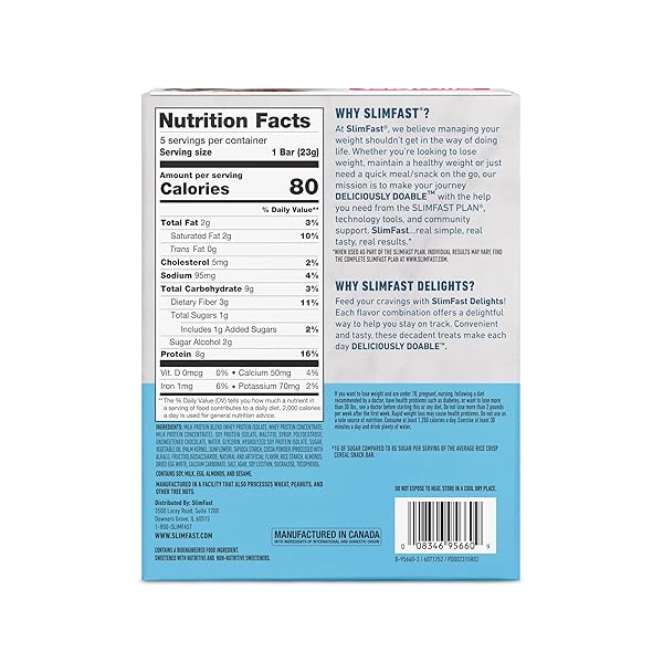SLIMFAST DELIGHTS CRISPY CHOCOLATE FUDGE TREAT, SLIMFAST SNACK, CHOCOLATE SNACK BAR, CHOCOLATE FLAVORED CRISP BARS, CRISP BARS WITH PROTEIN, 2G OF NET CARBS, 5 COUNT