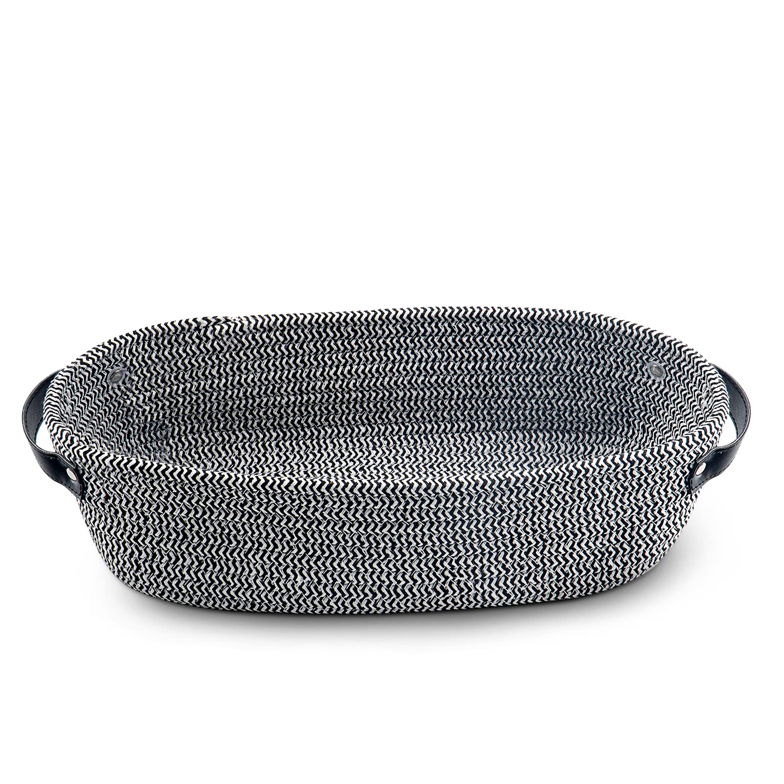 TENQUAN Storage Basket Cotton Rope Basket Leather Handle Woven Shelf Baskets for Cabinet Shelves, Decorative Home Storage Box for Bedroom Bathroom(Black & White)