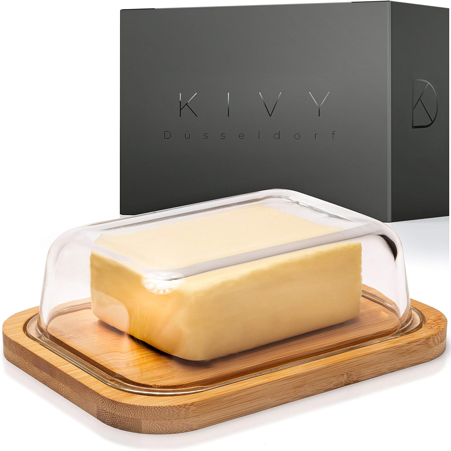 KIVY® Butterdose - Hochwertige Butterdose aus Glas mit edlem & nachhaltigem Bambusdeckel - Butter Dish für 250g Butter-Packung - Butterdose Glas mit Deckel