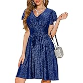 oten Womens 2025 V Neck Ruffle Sleeve Sparkly Glitter Empire Waist Flared A Line Swing Cocktail Party Dress