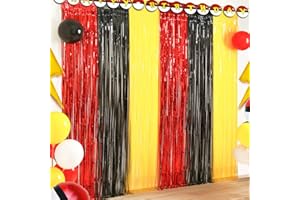 SATANKYA Cartoon Monster Birthday Party Decoration, 2 Pack Animation Themed Photo Booth Prop, Red Black Yellow Foil Fringe Curtains Tinsel Photo Streamers Backdrop for Cartoon Birthday Party Supplies
