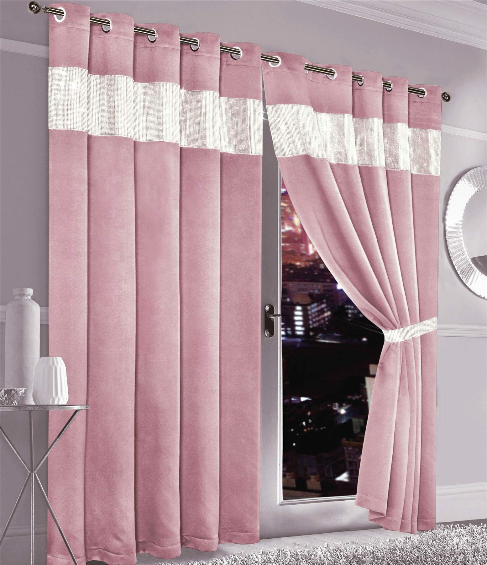 Olivia Rocco Diamante Blackout Eyelet Curtains With Tie Backs Black Out Thermal Ring Top Curtain Pair Window Dressing, 66" (Width) x 54" (Drop) Blush Pink