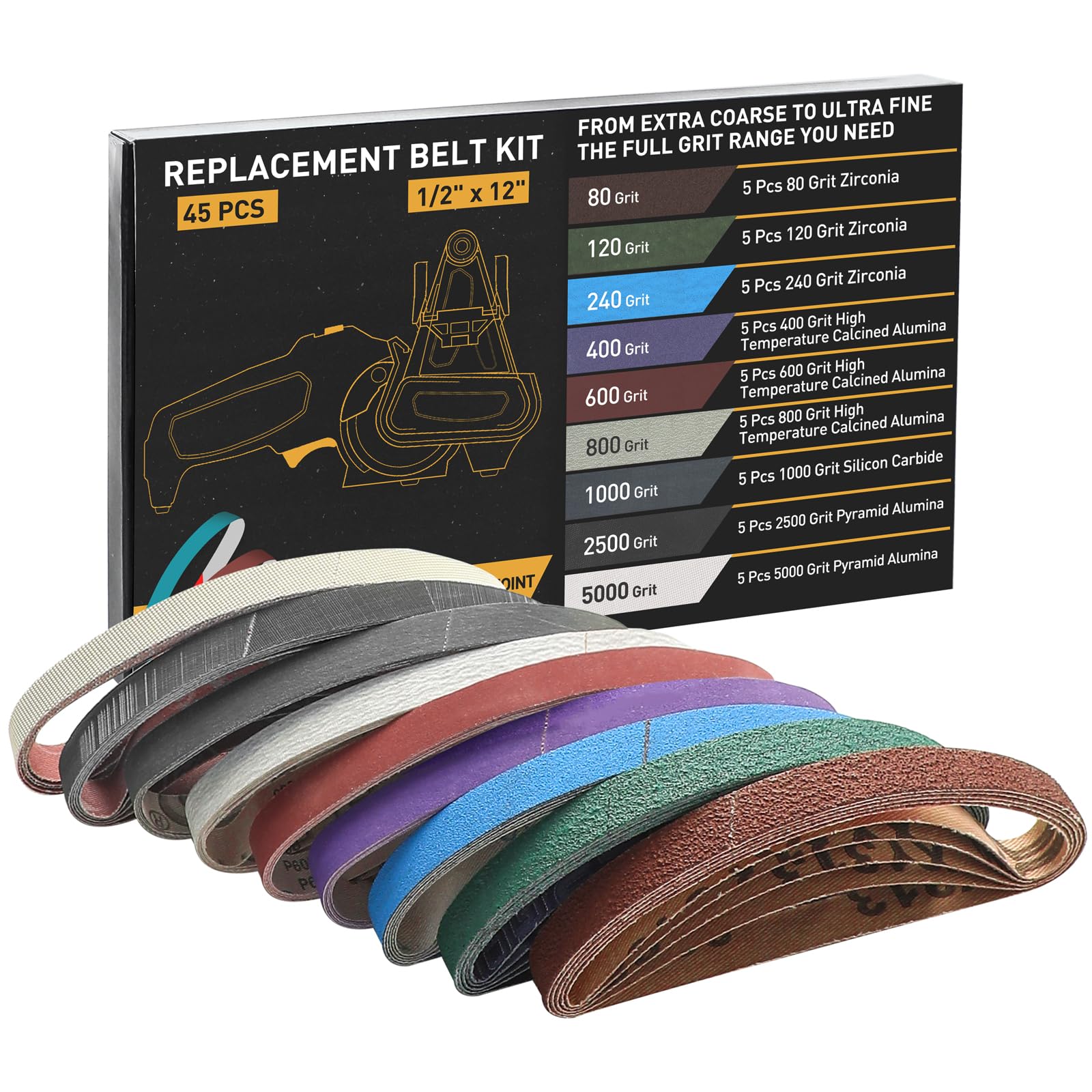 Photo 1 of 45 Pcs 1/2" x 12" Replacement Sharpening Belt Kit for Official Work Sharp Knife & Tool Sharpener (WSKTS & WSKTS-KT/Mk.1 & Mk.2) - Assorted Grits (80/120/240/400/600/800/1000/2500/5000)