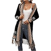 BEAUDRM Women's Boho Long Cardigans Sweaters Western Chunky Fringe Duster Cardigan Open Front Knit Sweater with Pocket