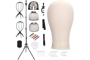 Demides 22'' Canvas Wig Head with 61'' Adjustable Tripod Stand, Mannequin Head Set for Styling, Display – Includes Caps, Elastic Bands, Stand & Tool Kit for Beginners and Professionals
