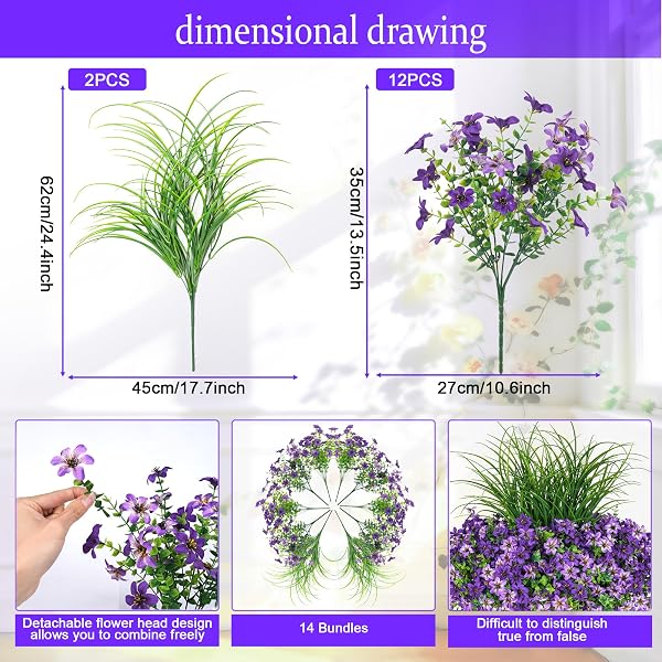 ARTIFICIAL FLOWERS,14 BUNDLES UV RESISTANT FAKE FLOWERS DAISY WITH GREENERY PLANTS WHEAT GRASS,FAUX OUTDOOR FLOWERS FOR SPRING SUMMER DECORATION, OUTDOOR FAUX PLANTS HOME WINDOW PORCH PATIO YARD