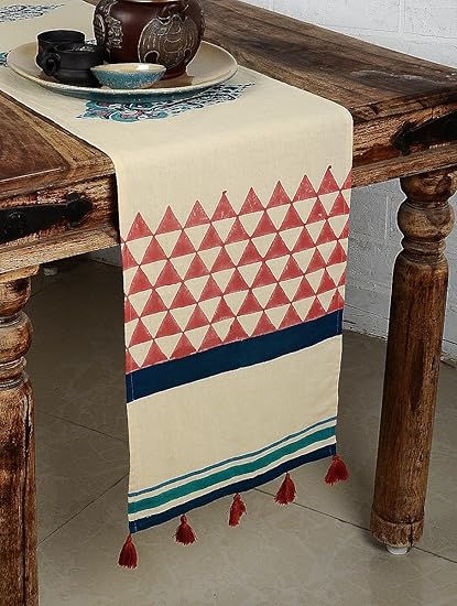 MYYRA Cotton Hand Block Printed Table Runner (250 x 30 cm, White)