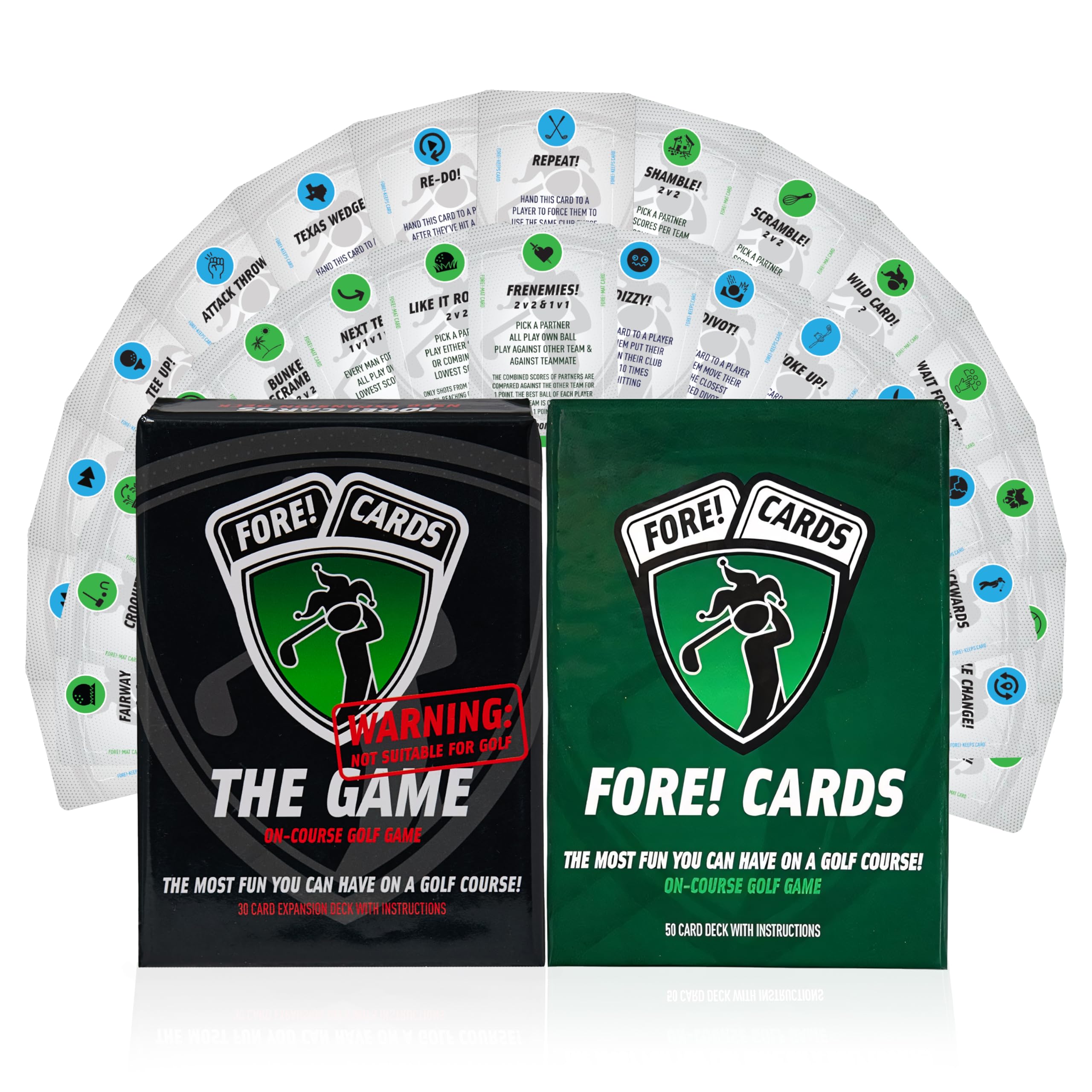 Fore! Cards On-Course Golf Game Plus Expansion Pack Bundle | Fun Interactive Golf Game | 80 Cards Make Every Hole a Different Challenge | Spice Up Your Next Round