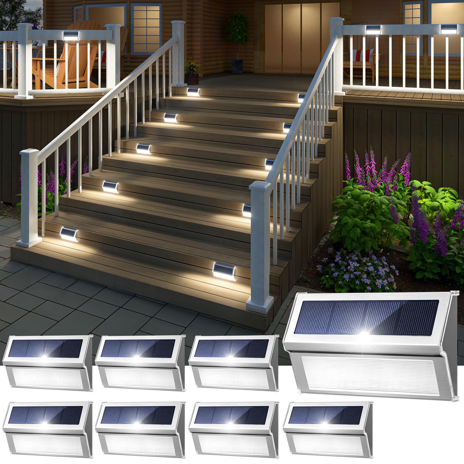 Photo 1 of JSOT Solar Step Stair Lights Outdoor Yard Decor 8 Pack, 9LED Deck Lighting for Outside Solar Powered - IP55 Waterproof, Solar Garden Light Decor for Fence, Backyard, Front Porch Step, Wall, Patio