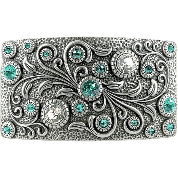 Unique Metal Belt Buckle Painted Flower With Crystal Stones Blue Grey Green Unique Fused Blue and Green Glass Belt Buckle. Adorned With  main image 3