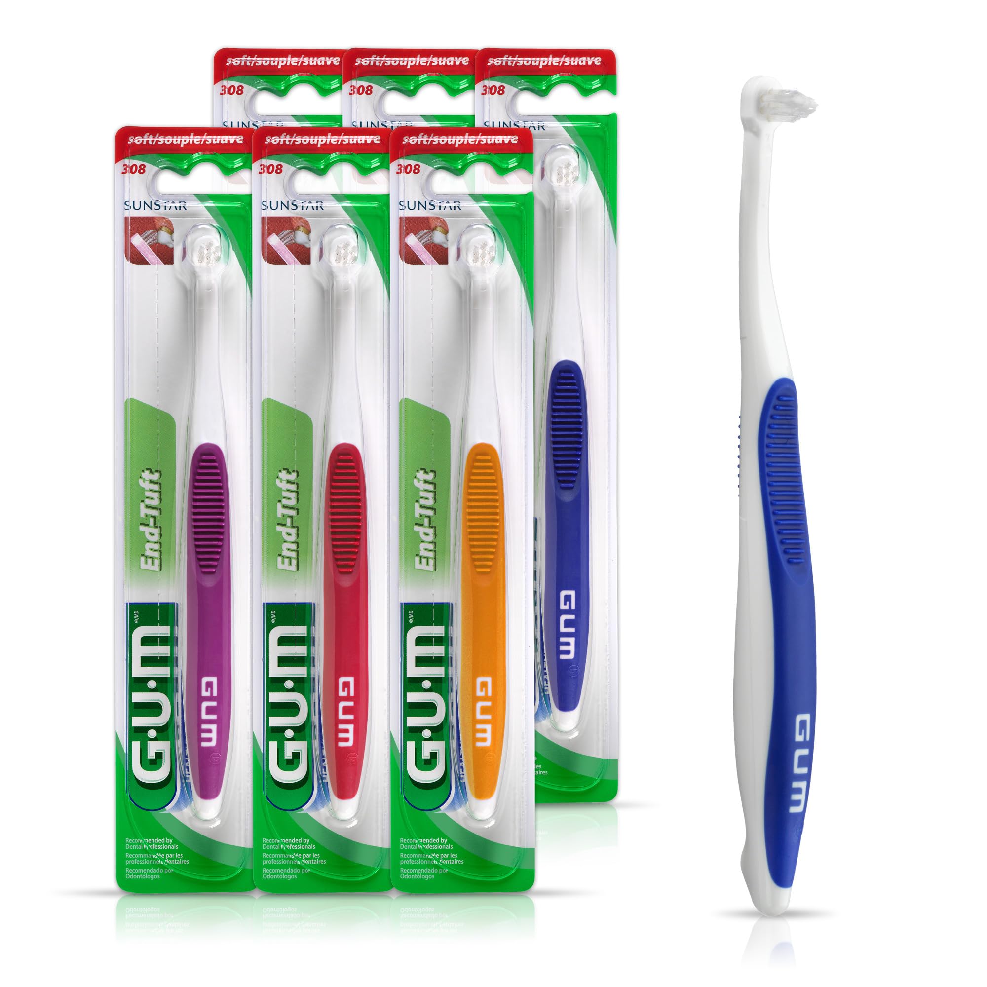 GUM - 10070942003084 End-Tuft Toothbrush for Hard-to-Reach Areas, Soft Bristles (Pack of 6)