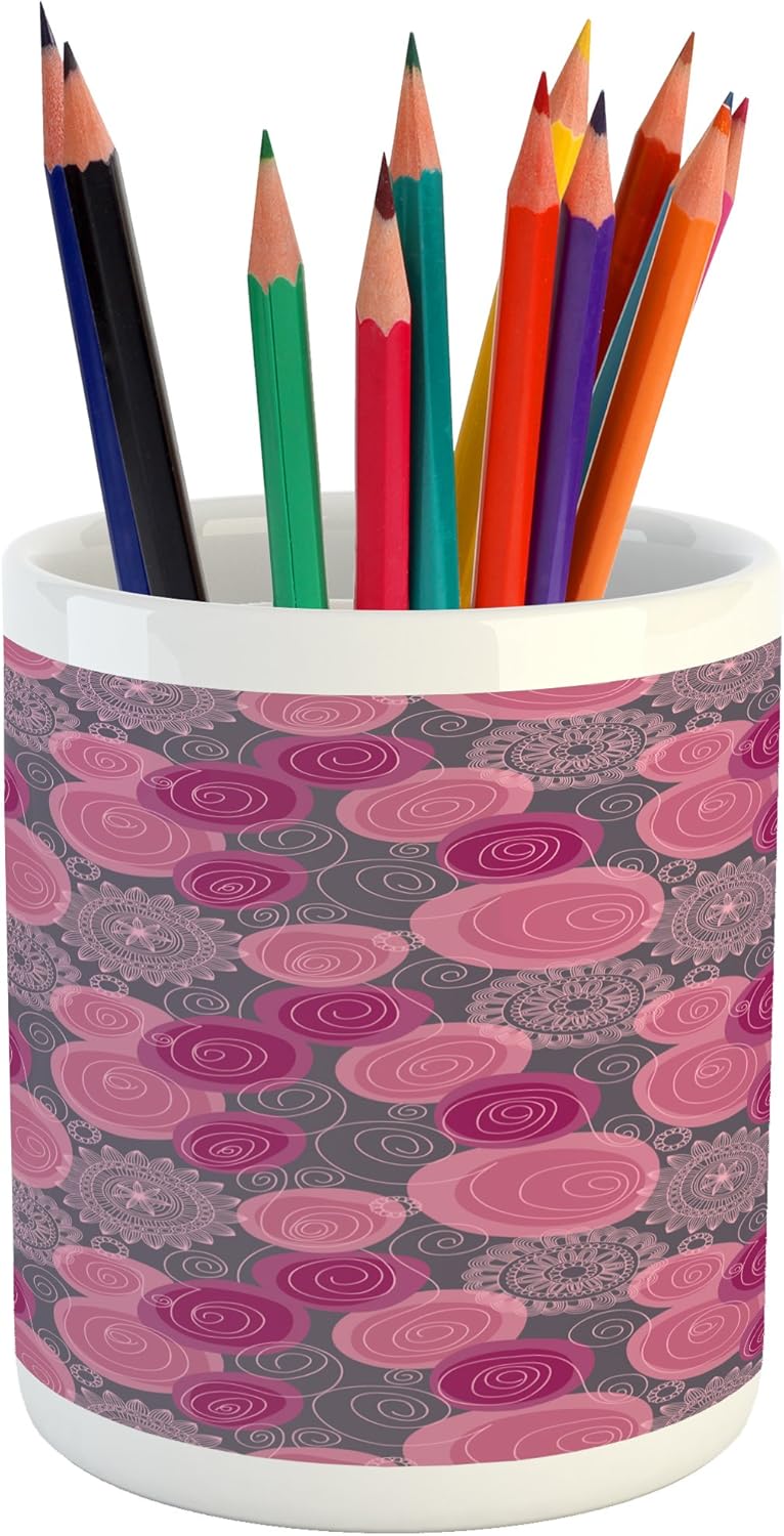 Ambesonne Pink and Grey Pencil Pen Holder, Doodle Style
