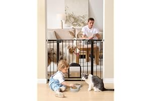 Babelio Upgraded Baby Gate with Cat Door, 29-43" Auto Close Durable Dog Gate for Stairs, Doorways and House, Easy Walk Thru Safety Gate with Pet Door Includes 4 Wall Cups, Black