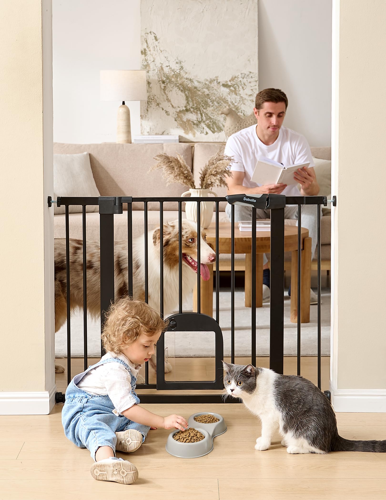 Photo 1 of ***MISSING HARDWARE*** Babelio Upgraded Baby Gate with Cat Door, Auto Close Durable Dog Gate for Stairs, Doorways and House, Easy Walk Thru Safety Gate with Pet Door Includes 4 Wall Cups, Black