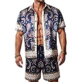 ZSJR Mens Hawaiian Shirt Sets Satin Silk Casual Button Down Shirts 2 Piece Luxury Summer Beach Outfits for Men