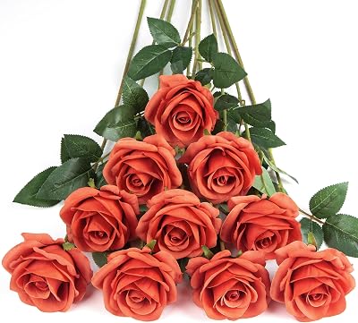 DuHouse 10Pcs Artificial Roses Silk Flowers Realistic Bridal Bouquets Coral