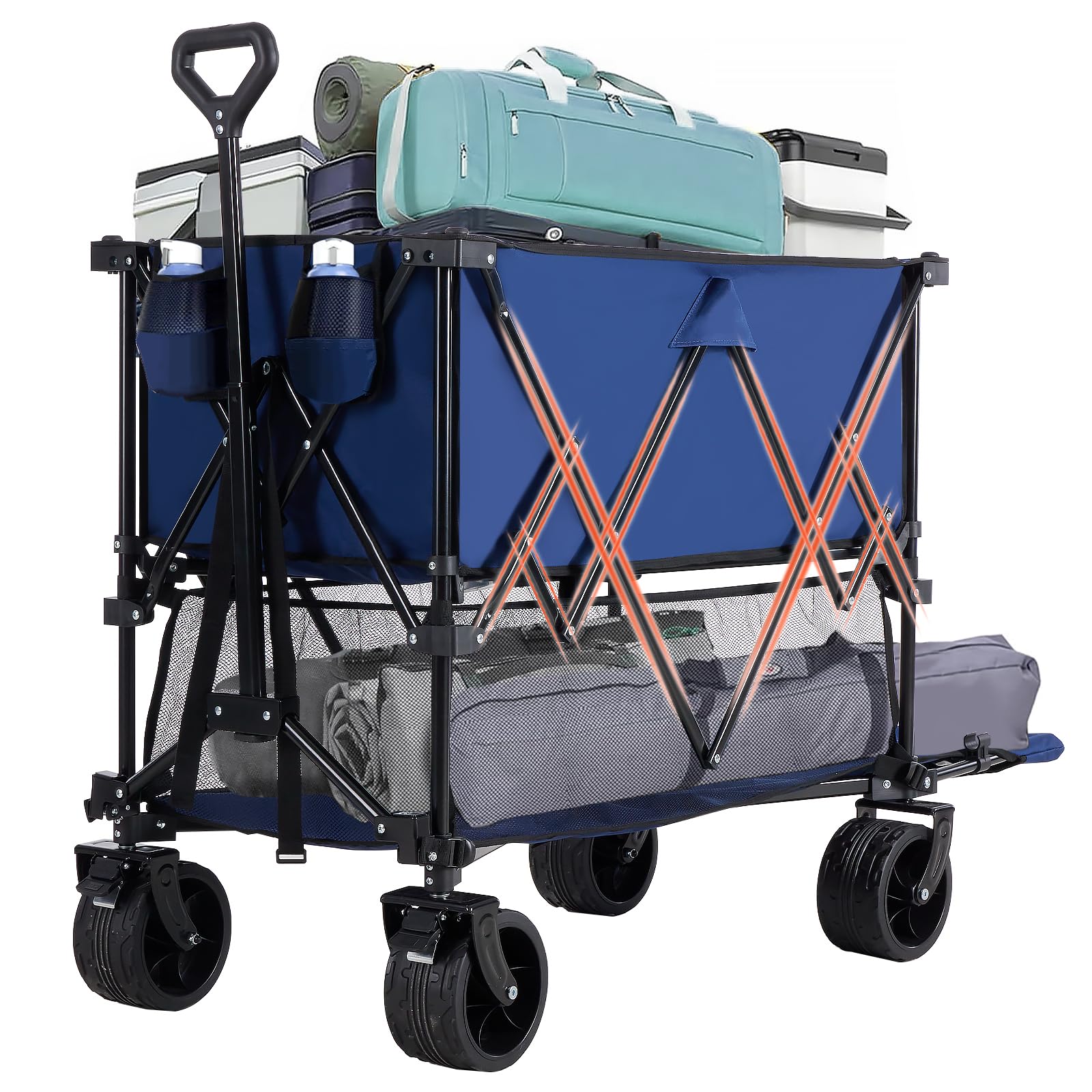 DUMOS 440LBS Heavy Duty Double Decker Wagon Cart with Extender, 400L Large Capacity Collapsible Folding Wagons with Brakes, Adjust Handle, All-Terrain Big Wheels for Garden Shopping Camping - Blue Image