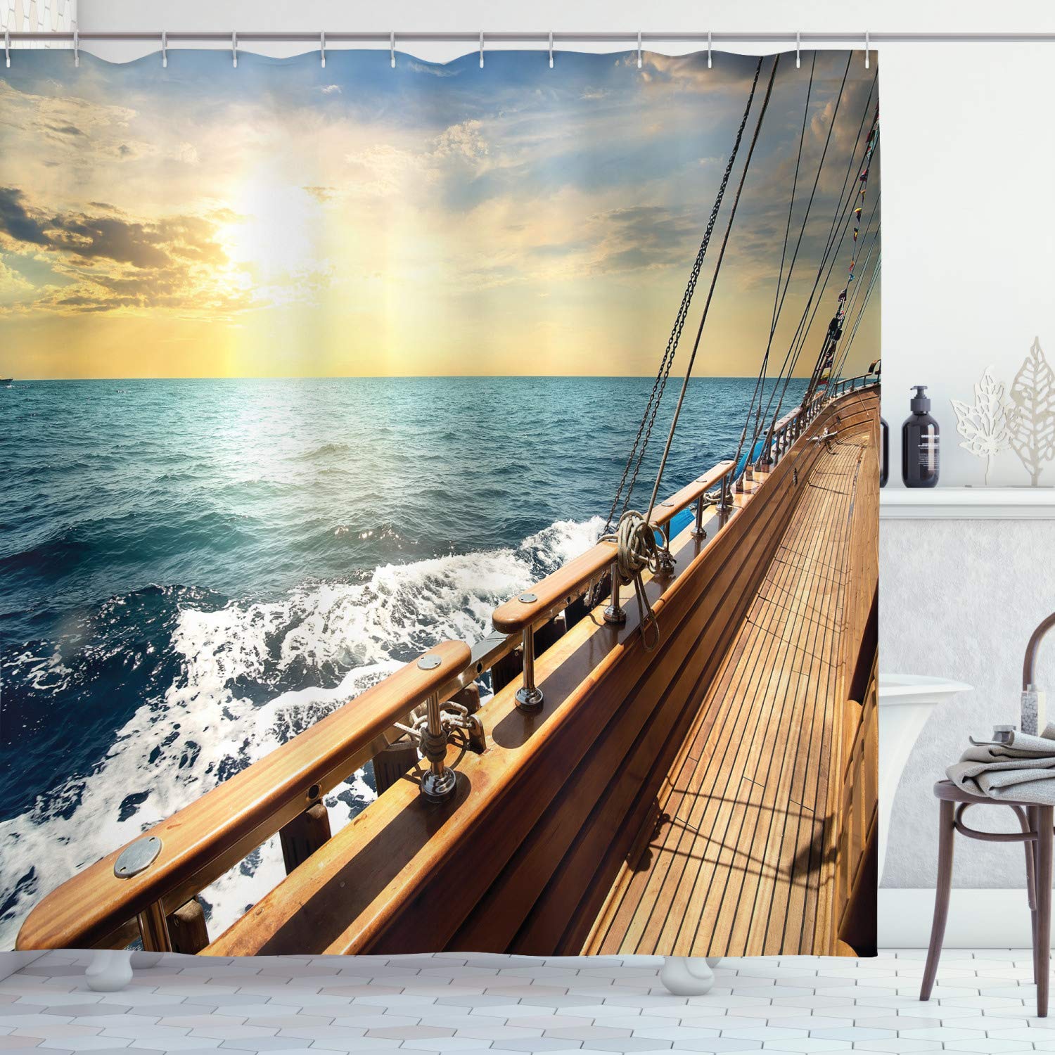ABAKUHAUS Nautical Shower Curtain, Sailboat in Mediterranean Waves at Sunset Sky Relax Yacht Wind Relax Scenery, Cloth Fabric Bathroom Decor Set with Hooks, 175 x 200 cm, Cream And Blue