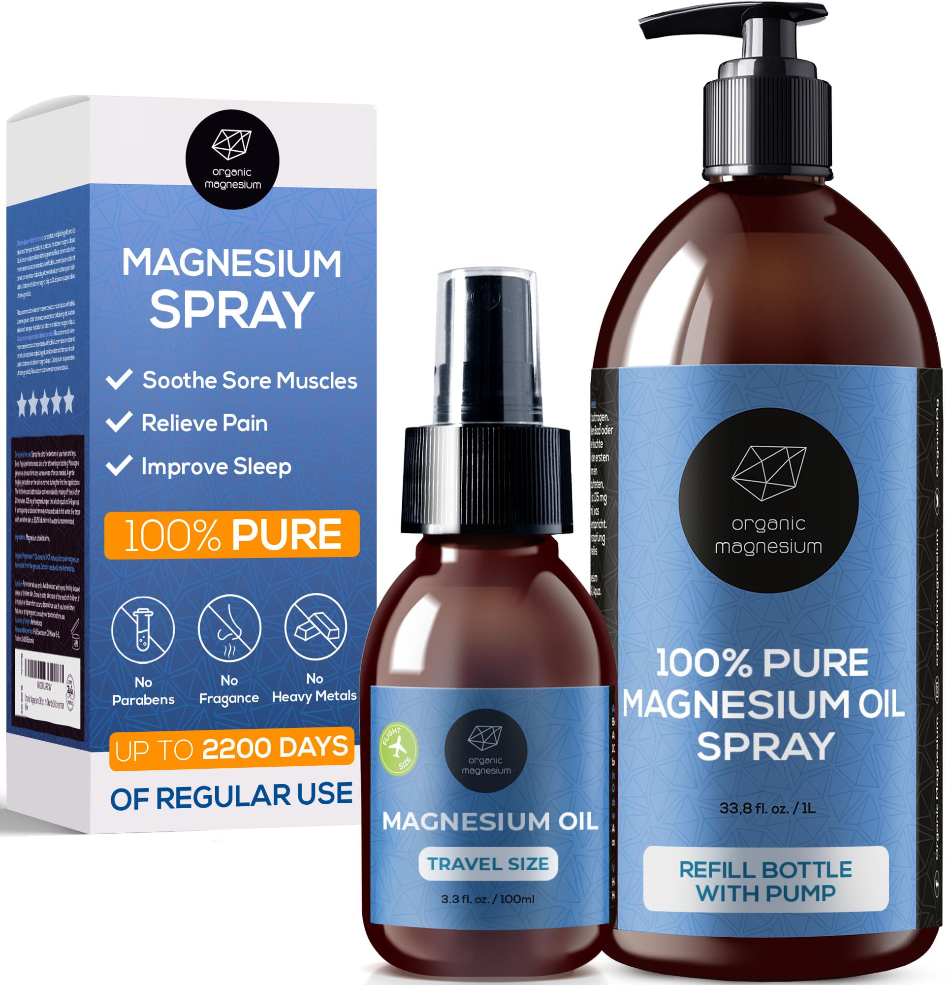 Magnesium Spray for Sleep 1000ml + 100ml - 100% Natural & Ultra Pure Magnesium Oil | Topical Organic Magnesium Foot Spray for Restless Legs & Muscle Cramp Relief | Liquid Mg Chloride Oil