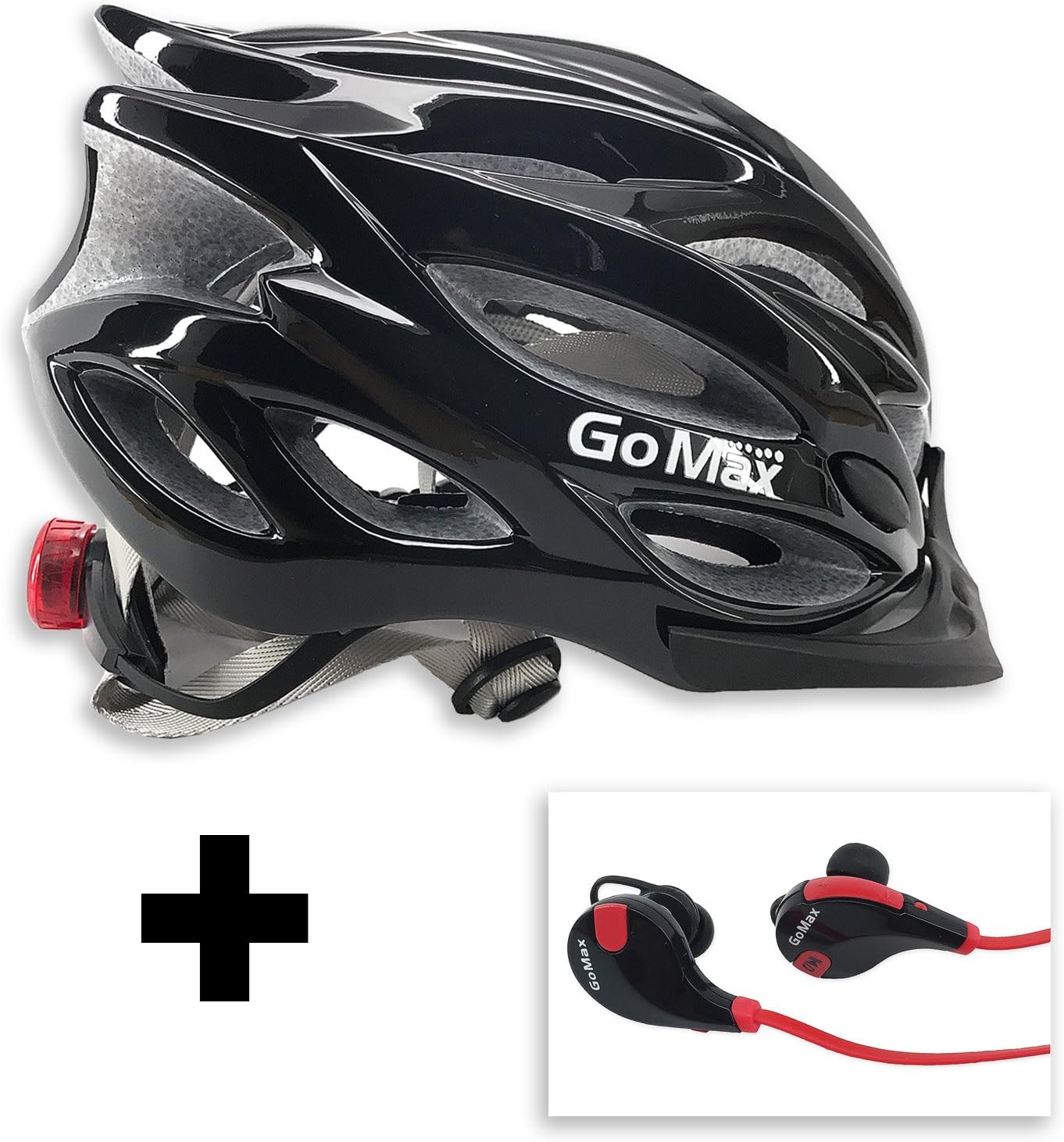 GoMax Aero Adult Safety Helmet Adjustable Road Cycling Mountain Bike Bicycle Helmet Ultralight w/Rear LED Tail Light Bundle Bluetooth Stereo Headset (Black Helmet + Red/Black Headset)