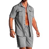 URRU Mens 2 Piece Summer Beach Outfits Textured Short Sets Casual Short Sleeve Button Down Matching Shirt and Shorts Set