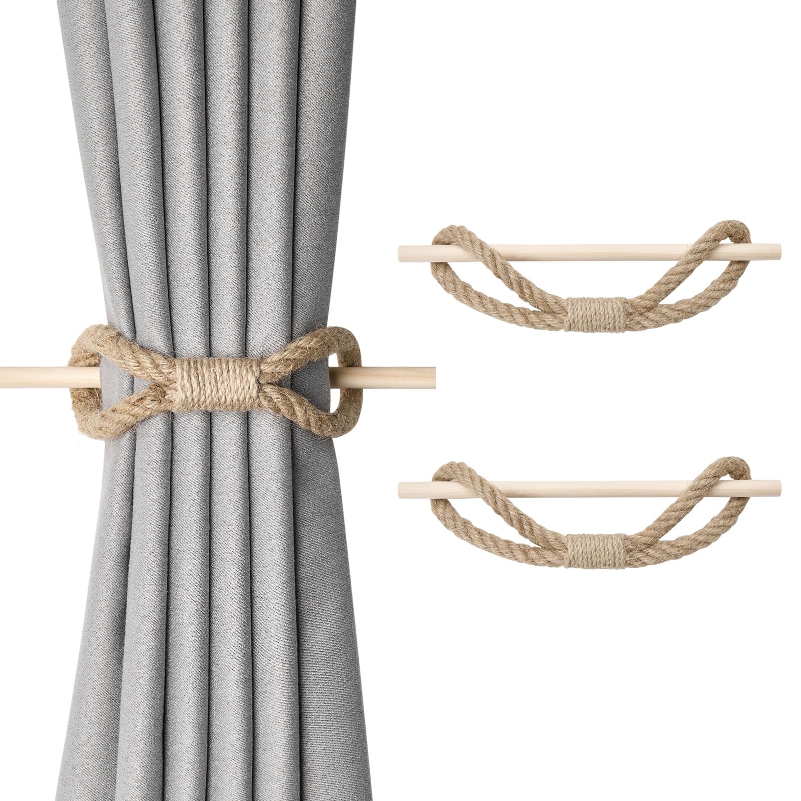 Pretty Jolly 2 Pack Natural Jute Rope Curtain Tiebacks Boho Rustic Style Decorative Drape Tie Backs Farmhouse Hand-Woven Curtain Holdbacks with Wood Club for Home & Office Drapery (Jute rope)
