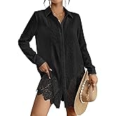 Bsubseach Swimsuit Coverup for Women Button Down Bathing Suit Beach Shirt Dress Long Sleeve Blouse Top with Lace
