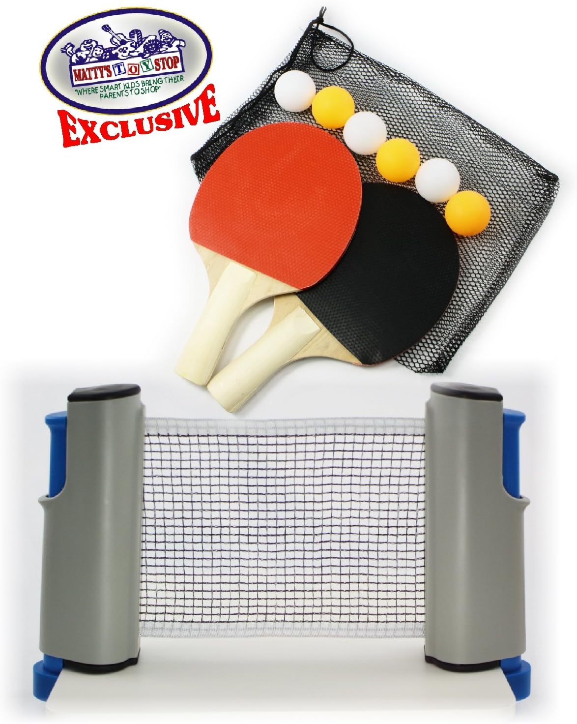 Matty's Toy Stop Deluxe Table Tennis (Ping Pong) to Go with Fully Adjustable Net, 2 Paddles, 6 Balls (3 Orange & 3 White) & Mesh Storage Bag : Sports & Outdoors