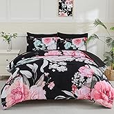Yogeneg Queen Comforter Set 7 Piece Bed in a Bag,Pink Floral Botanical Pattern Black Bedding Set,Soft Microfiber Comforter with Sheet Set,All Season Bed Set(Pink,Queen)