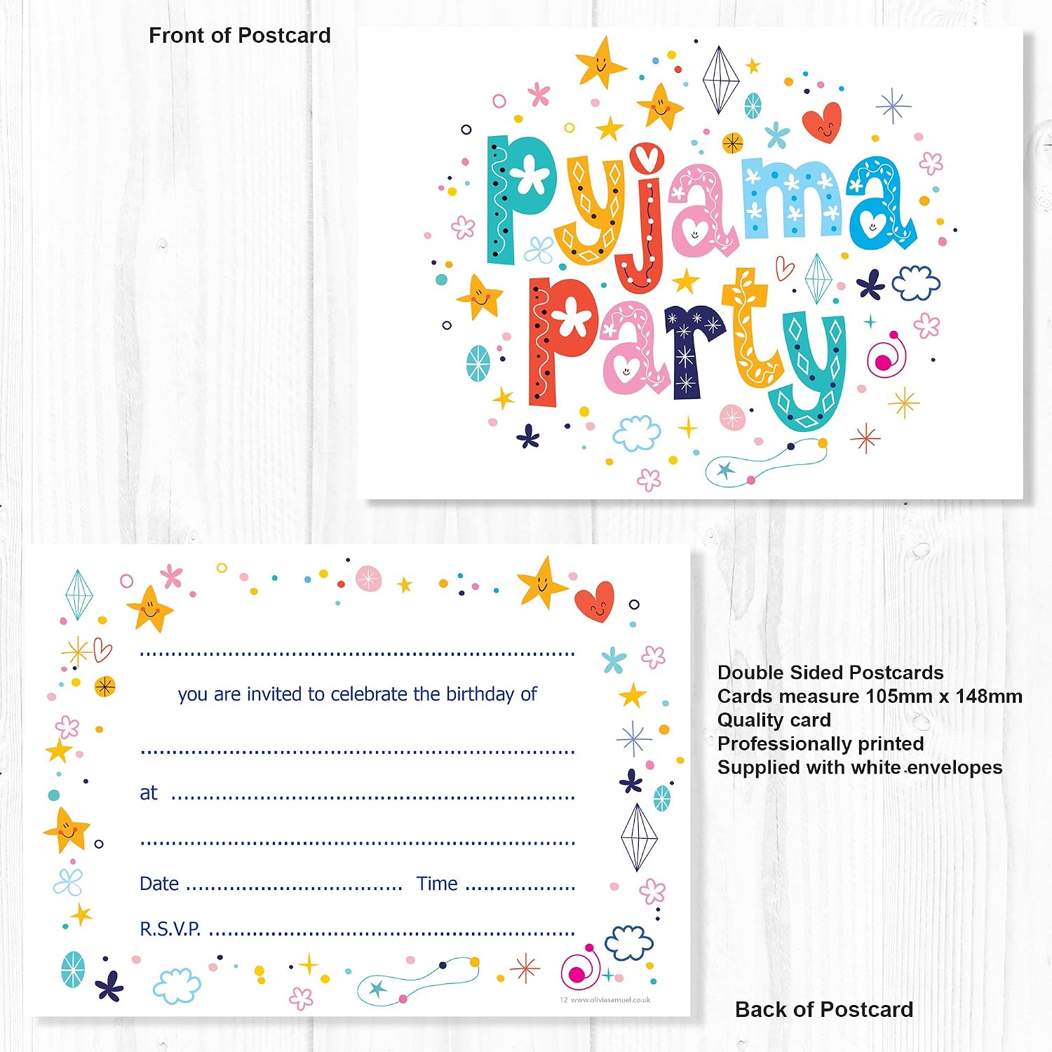 Olivia Samuel 20 x Pyjama Party Birthday Invitations from A6 Postcard Size with envelopes, Multi, 105mm x 148mm - Image 3