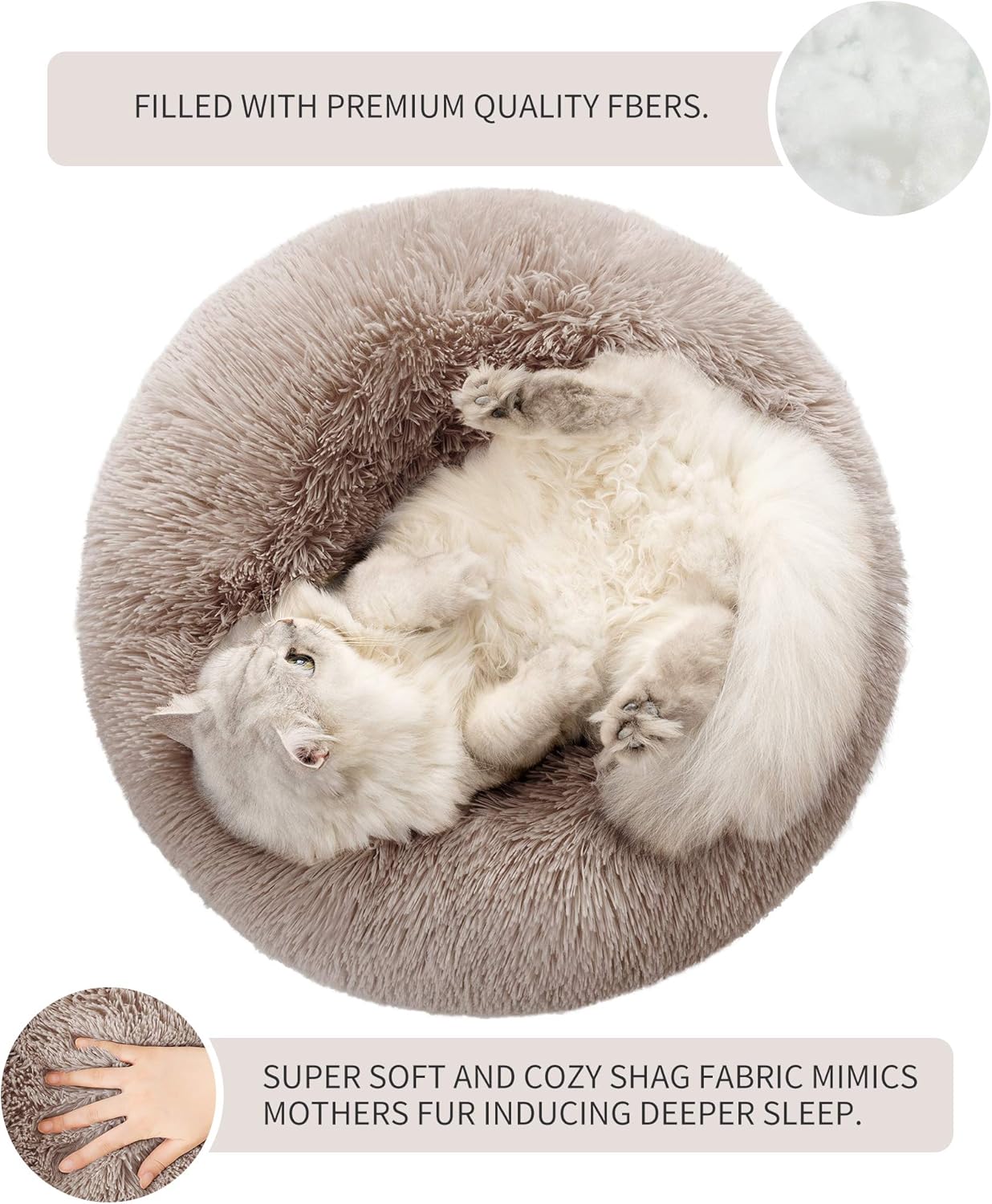Love's cabin 20in Cat Beds for Indoor Cats - Cat Bed with Machine Washable, Waterproof Bottom - Taupe Fluffy Dog and Cat Calming Cushion Bed for Joint-Relief and Sleep Improvement : Pet Supplies