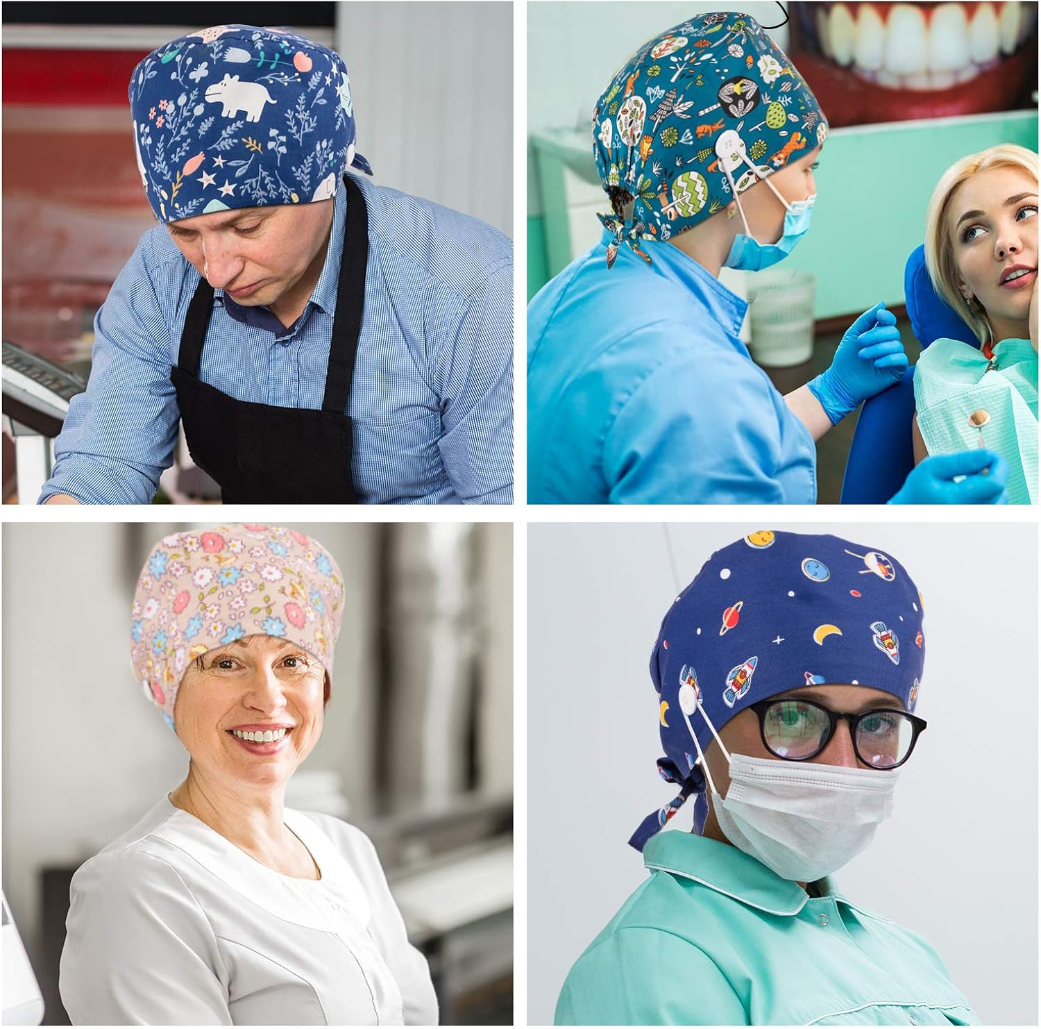 4 Pieces Scrub Cap with Button Printed Adjustable Bouffant Cap Unisex Scrub Hat Hair Cover at  Women’s Clothing store